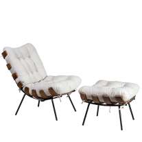 Poltrona Costela com Puff em Linho Bege Cercatto