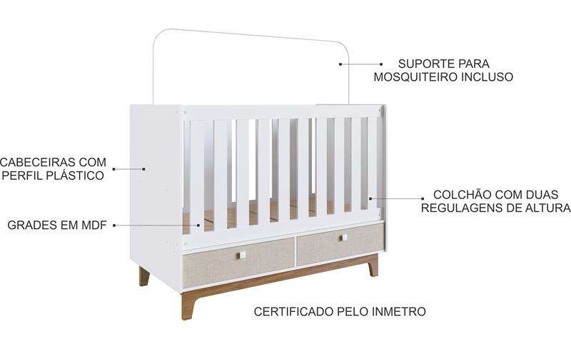 Berço Retrô com 2 Gavetas BY110 Branco e Nude Completa Móveis - Branco-Nude