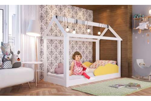 Cama Casinha Montessoriana Infantil Branca com Nuvem Amarela