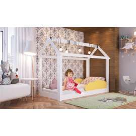 Cama Casinha Montessoriana Infantil Branca com Nuvem Amarela - Branco-Amarelo