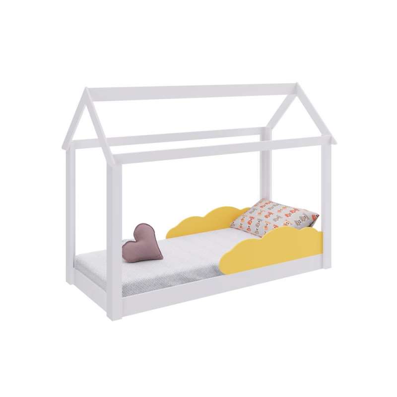 Cama Casinha Montessoriana Infantil Branca com Nuvem Amarela - Branco-Amarelo