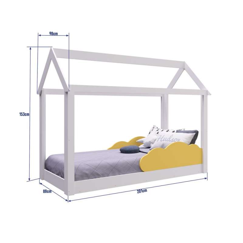 Cama Casinha Montessoriana Infantil Branca com Nuvem Amarela - Branco-Amarelo