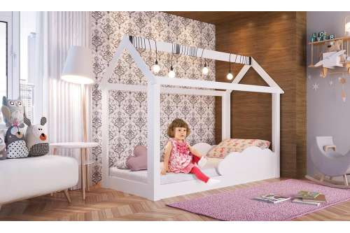 Cama Casinha Montessoriana Infantil Branca com Nuvem