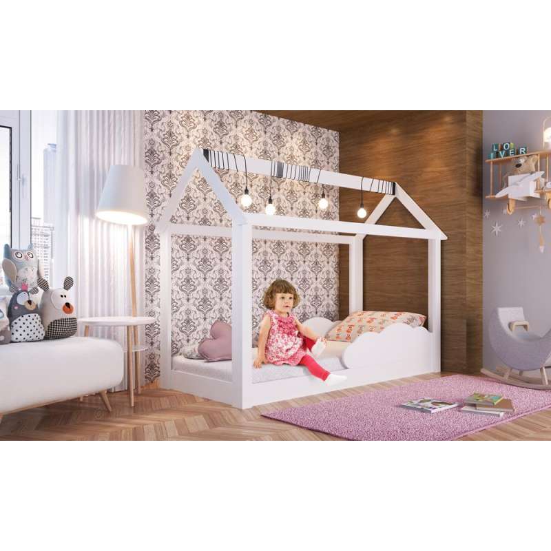 Cama Casinha Montessoriana Infantil Branca com Nuvem - Branco