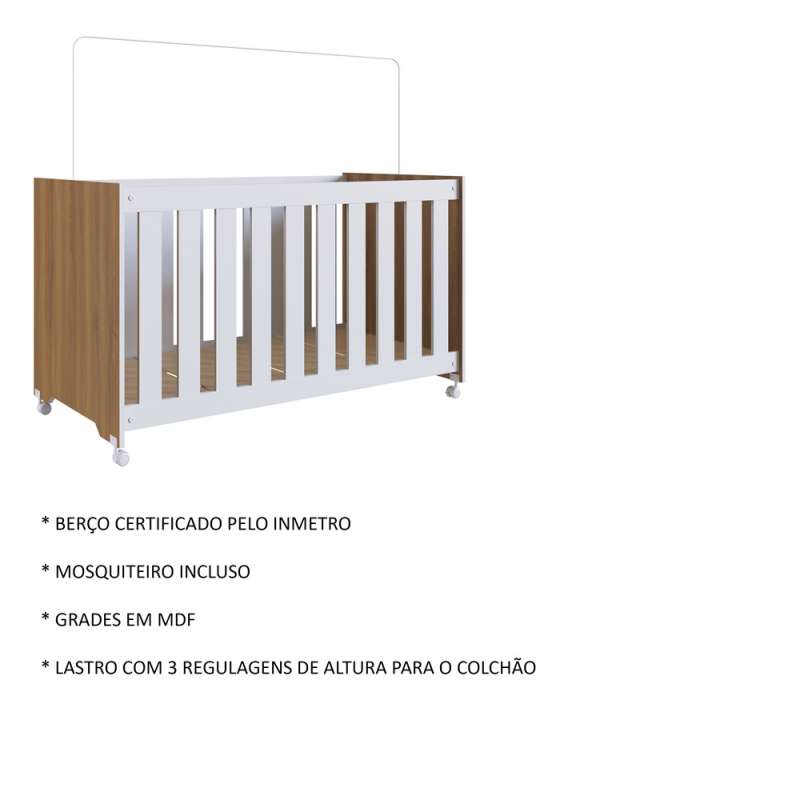 Berço Branco e Marrom com Rodízios Aconchego Completa Imóveis - Nogal Manchester com Branco