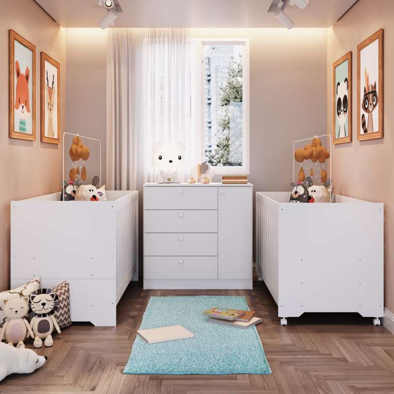Quarto Infantil com 2 Berços e Cômoda Brancos Aconchego Completa Móveis  - Branco 