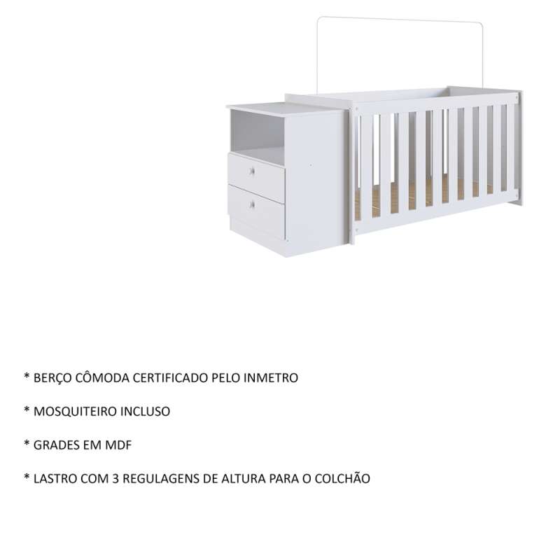 Quarto Infantil Branco Berço e Cômoda Aconchego  - Branco