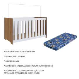 Berço Marrom com Branco com Colchão Aconchego Completa Móveis - Nogal Manchester com Branco 