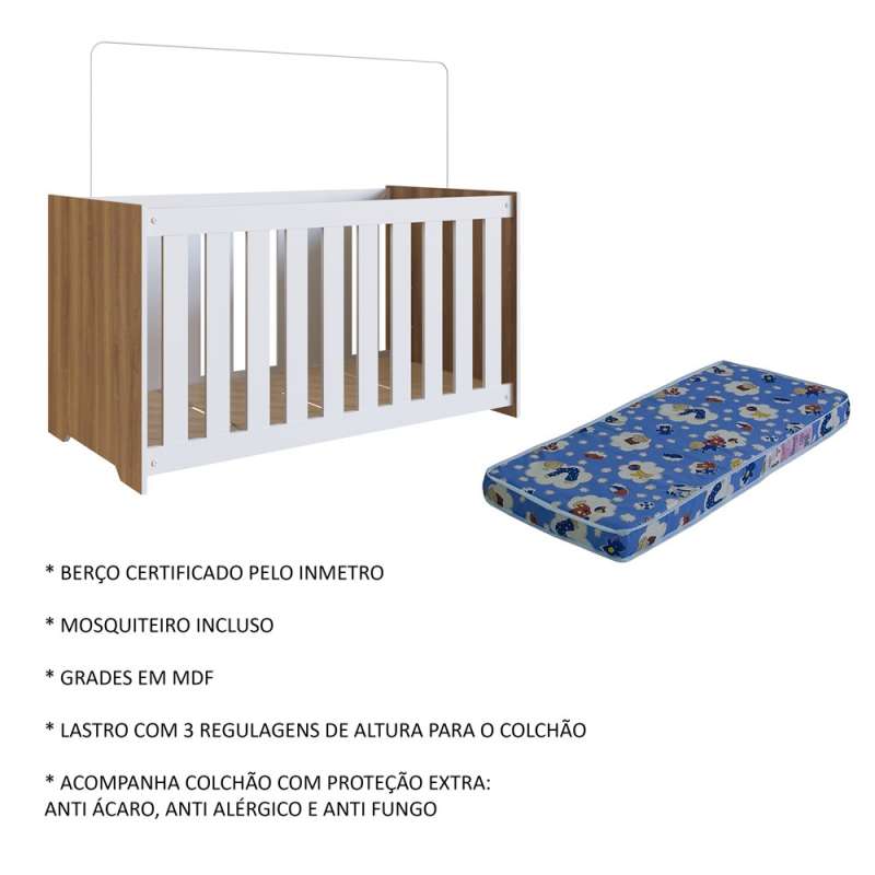 Berço Marrom com Branco com Colchão Aconchego Completa Móveis - Nogal Manchester com Branco 