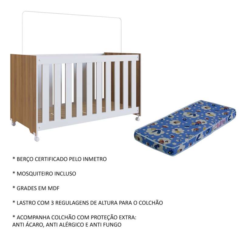 Berço com Colchão e Rodizíos Marrom com Branco Aconchego Completa Móveis - Nogal Manchester com Branco 