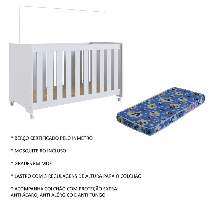 Berço com Colchão e Rodizíos Branco Aconchego Completa Móveis - Branco 