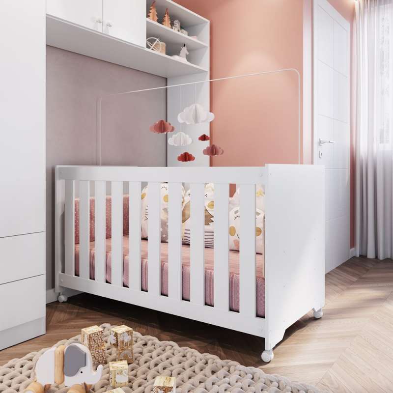 Berço com Colchão e Rodizíos Branco Aconchego Completa Móveis - Branco 