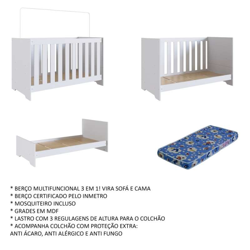 Berço 3 em 1 Branco com Colchão Aconchego Completa Móveis - Branco