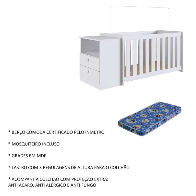  Quarto Infantil com Berço Colchão e Cômoda Branca Aconchego Completa Móveis - Branco