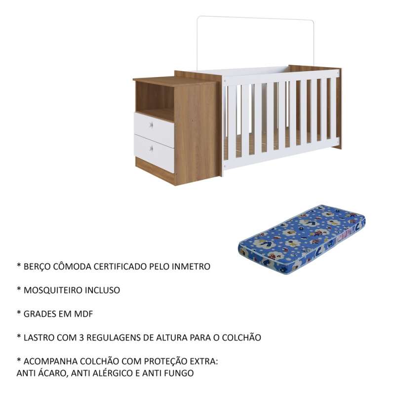 Quarto Infantil com Berço Colchão e Cômoda Marrom e Branca Aconchego Completa Móveis - Nogal Manchester e Branco