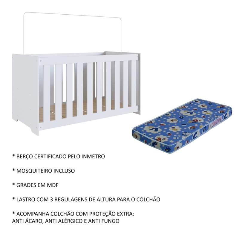 Quarto Infantil com Berço Colchão e Guarda Roupa Branco Aconchego Completa Móveis - Branco