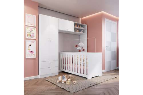 Quarto Infantil com Berço Colchão e Guarda Roupa Branco Aconchego Completa Móveis