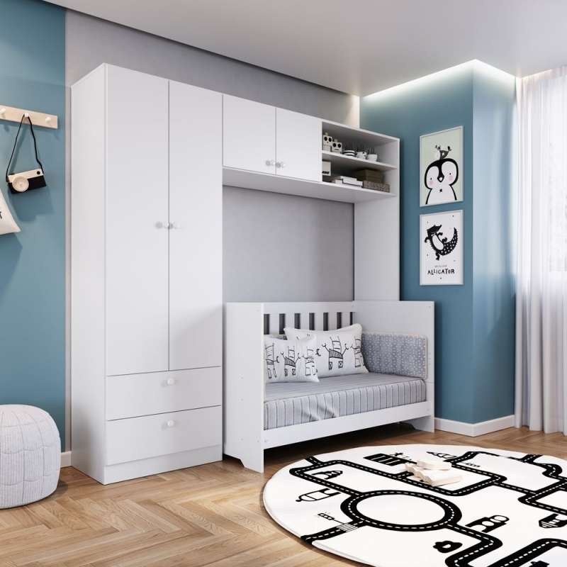 Quarto Infantil com Berço 3 em 1 Colchão e Guarda Roupa Branco Aconchego Completa Móveis - Branco