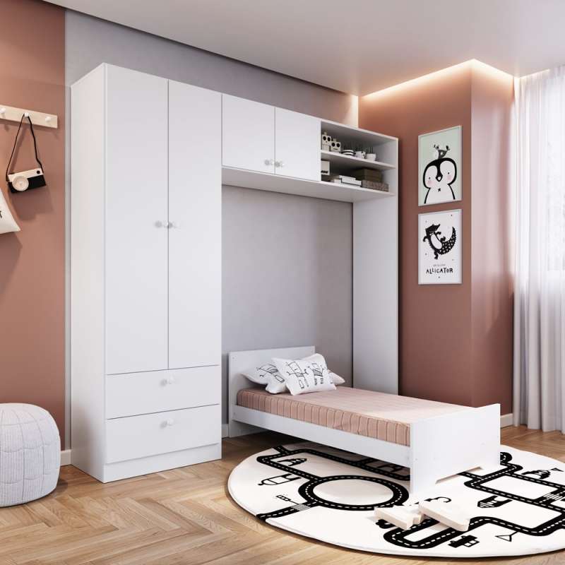 Quarto Infantil com Berço 3 em 1 Colchão e Guarda Roupa Branco Aconchego Completa Móveis - Branco