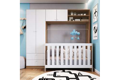 Quarto Infantil com Berço 3 em 1 Colchão e Guarda Roupa Marrom e Branco Aconchego Completa Móveis