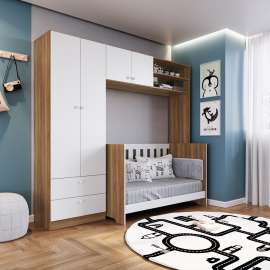 Quarto Infantil com Berço Americano 3 em 1 Colchão e Guarda Roupa Marrom e Branco Aconchego Completa Móveis - Nogal Manchester e Branco