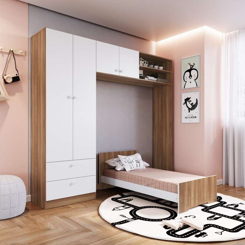 Quarto Infantil com Berço Americano 3 em 1 Colchão e Guarda Roupa Marrom e Branco Aconchego Completa Móveis - Nogal Manchester e Branco