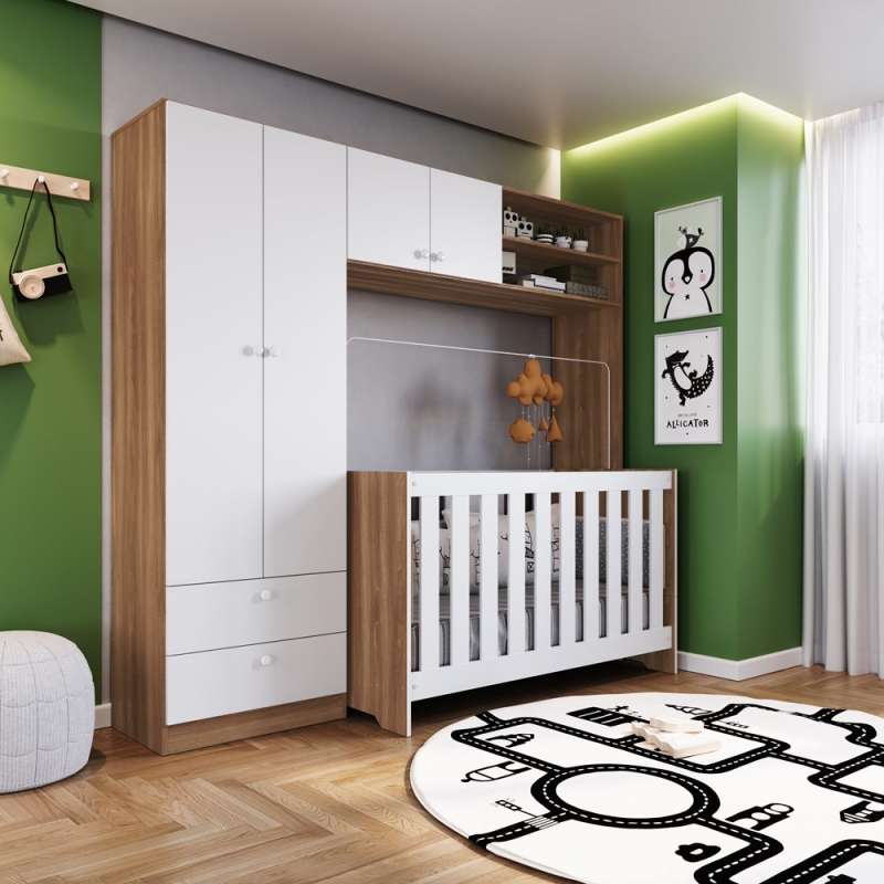 Quarto Infantil com Berço Americano 3 em 1 Colchão e Guarda Roupa Marrom e Branco Aconchego Completa Móveis - Nogal Manchester e Branco