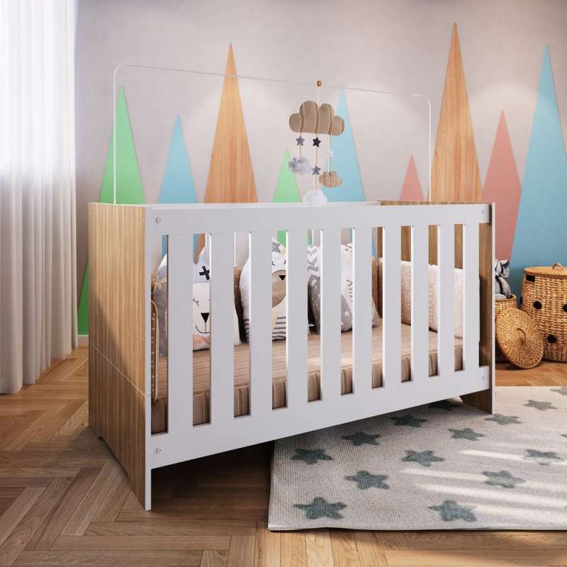 Quarto Infantil com Berço Americano 3 em 1 Colchão e Guarda Roupa Marrom e Branco Aconchego Completa Móveis - Nogal Manchester e Branco