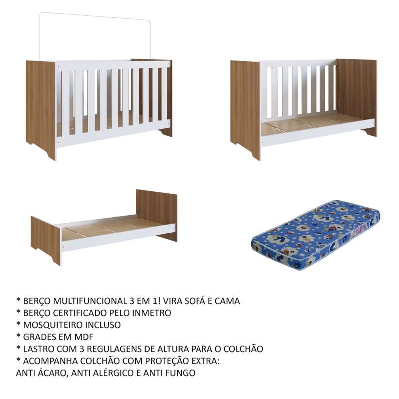 Quarto Infantil Completo Aconchego LA034 Marrom e Branco Completa Móveis - Nogal Manchester e Branco
