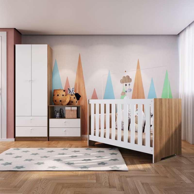 Quarto Infantil Completo Aconchego LA034 Marrom e Branco Completa Móveis - Nogal Manchester e Branco