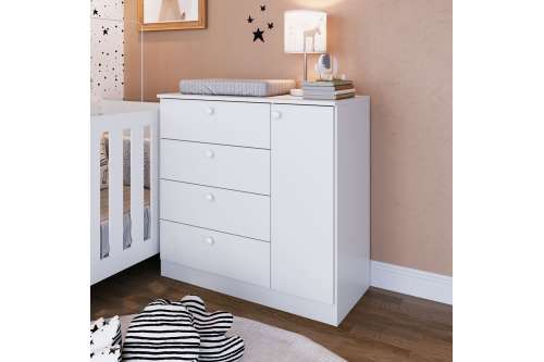 Cômoda 4 Gavetas e 1 Porta Branca Aconchego Completa Móveis	