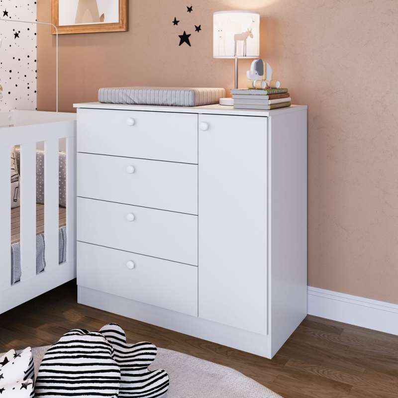 Cômoda 4 Gavetas e 1 Porta Branca Aconchego Completa Móveis	 - Branco