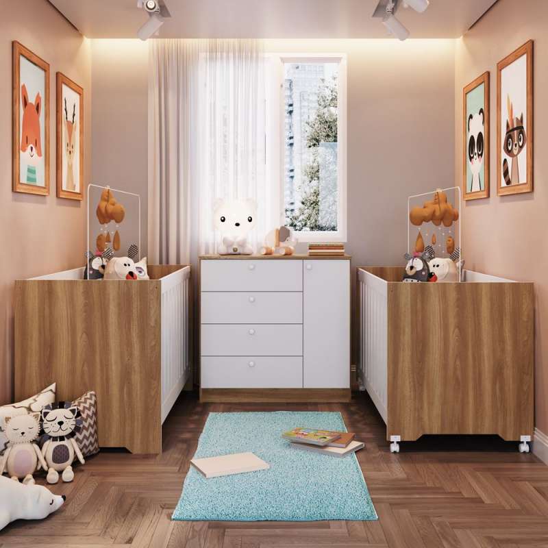 Quarto Infantil com 2 Berços e Cômoda Marrom e Branco Aconchego Completa Móveis - Nogal Manchester e Branco