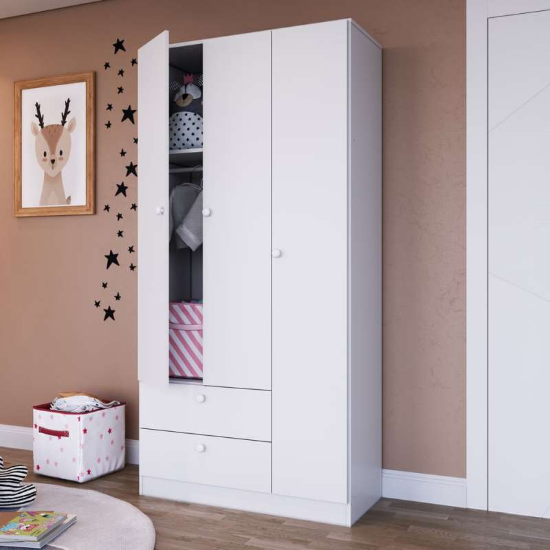 Quarto Infantil com Berço, Cômoda e Roupeiro Brancos Aconchego Completa Móveis  - Branco 