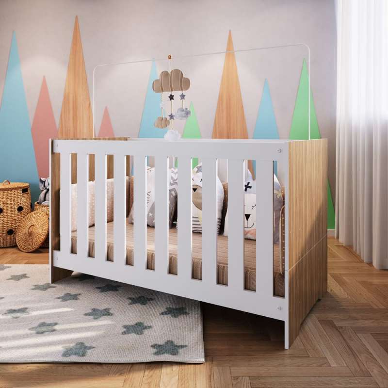 Quarto Infantil com Berço, Cômoda e Roupeiro Marrom e Branco Aconchego Completa Móveis - Nogal Manchester e Branco