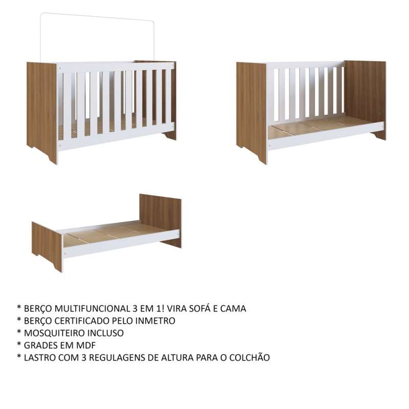 Quarto Infantil com Berço, Cômoda e Roupeiro Marrom e Branco Aconchego Completa Móveis - Nogal Manchester e Branco