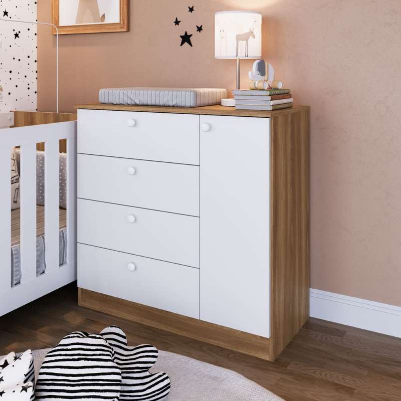 Quarto Infantil com Berço, Cômoda e Roupeiro Marrom e Branco Aconchego Completa Móveis - Nogal Manchester e Branco