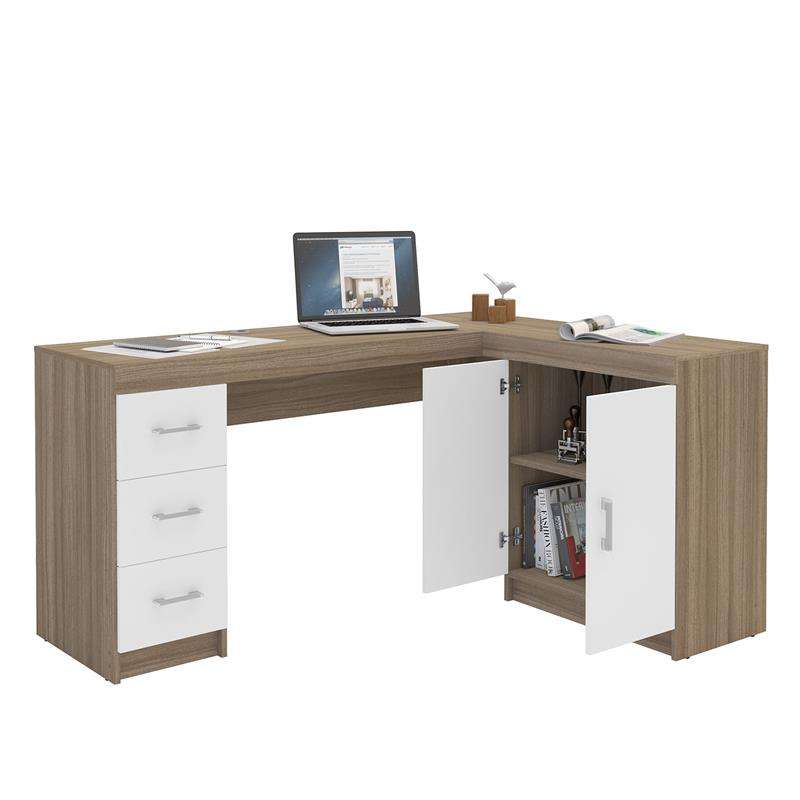 Mesa em L com Gavetas Espanha Castanho/Branco Politorno  - Castanho/Branco