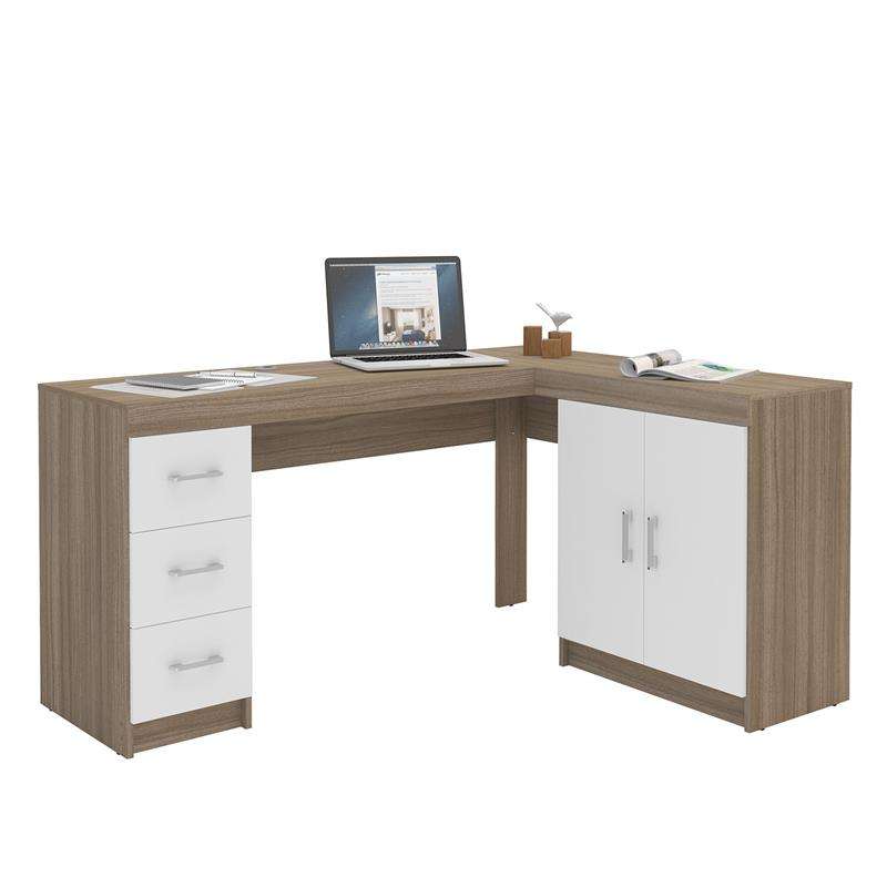 Mesa em L com Gavetas Espanha Castanho/Branco Politorno  - Castanho/Branco