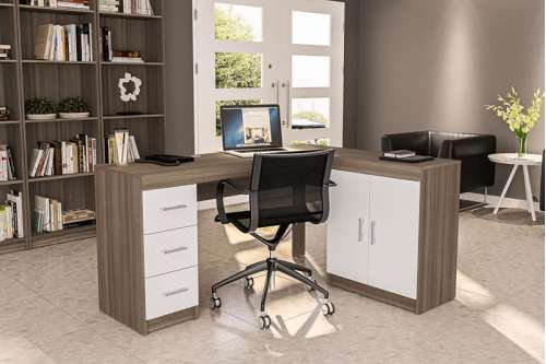 Mesa em L com Gavetas Espanha Castanho/Branco Politorno 