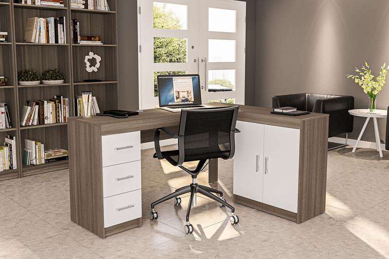 Mesa em L com Gavetas Espanha Castanho/Branco Politorno  - Castanho/Branco