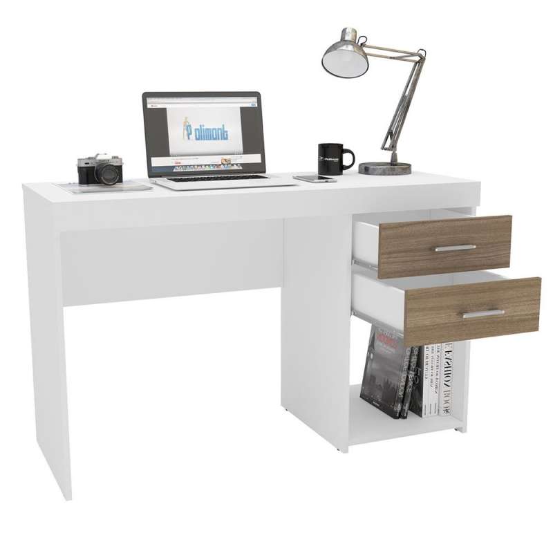 Mesa de escritório Malta 2 gavetas Branco/Castanho Politorno - Branco/Castanho