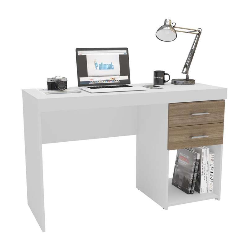 Mesa de escritório Malta 2 gavetas Branco/Castanho Politorno - Branco/Castanho