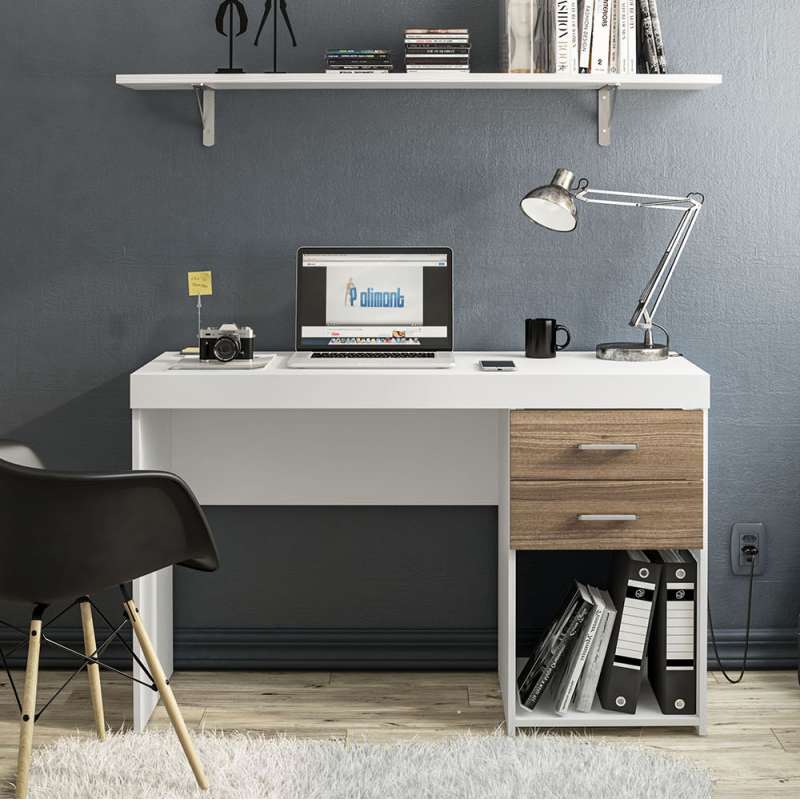 Mesa de escritório Malta 2 gavetas Branco/Castanho Politorno - Branco/Castanho