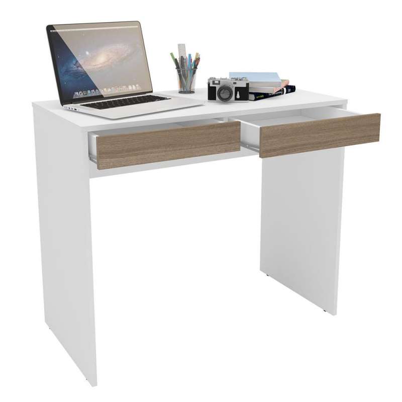 Mesa Home Office Tijuca 90cm 2 gavetas Branco/Castanho Politorno - Branco/Castanho