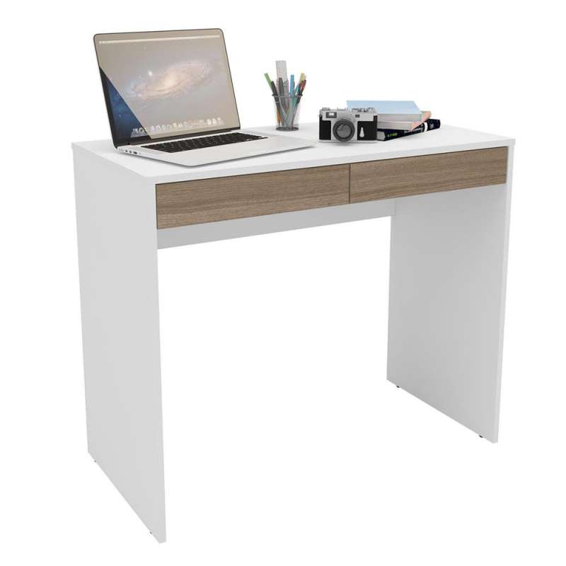 Mesa Home Office Tijuca 90cm 2 gavetas Branco/Castanho Politorno - Branco/Castanho