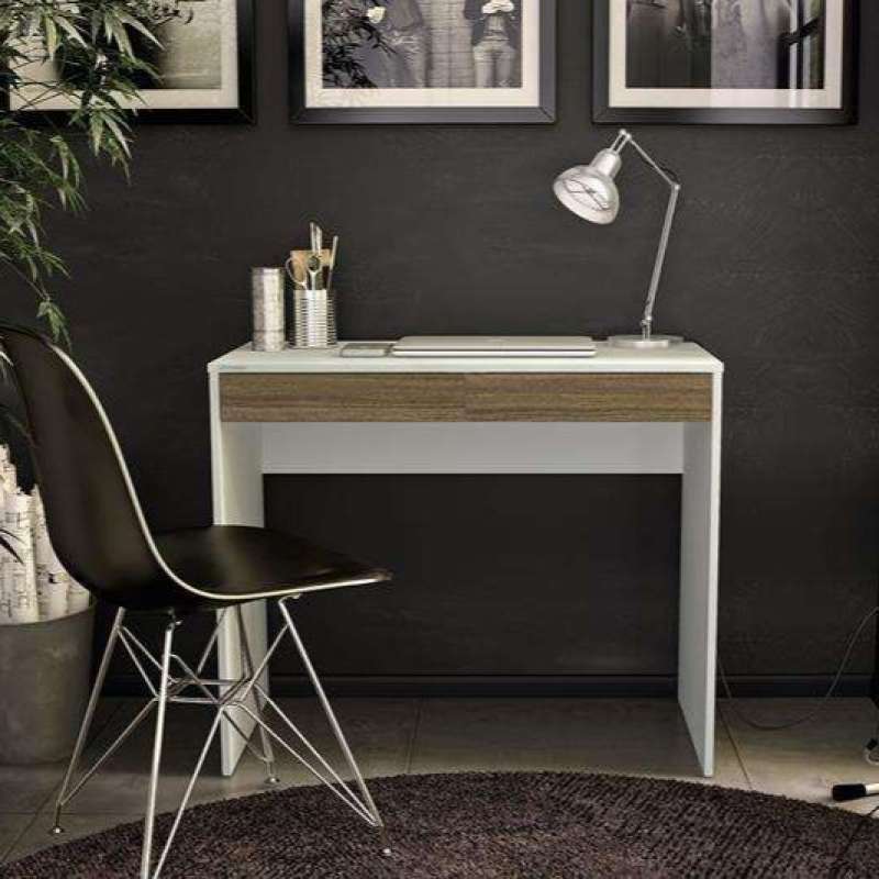 Mesa Home Office Tijuca 90cm 2 gavetas Branco/Castanho Politorno - Branco/Castanho