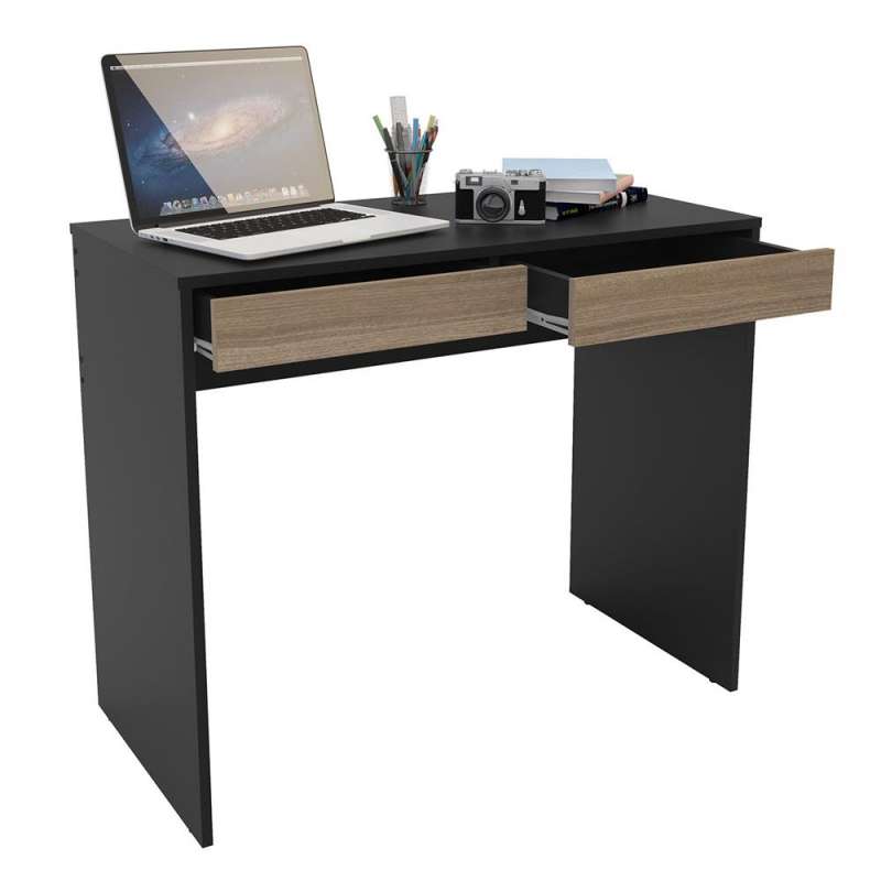 Mesa Home Office Tijuca 90cm 2 gavetas Preto/Castanho - Preto/Castanho