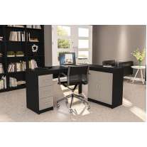 Mesa em L com Gavetas Espanha em Madeira Preto/Cinza Politorno