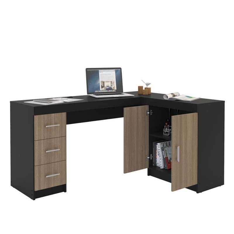 Mesa em L com Gavetas em Madeira Espanha Preto/Castanho Politorno - Preto/Castanho